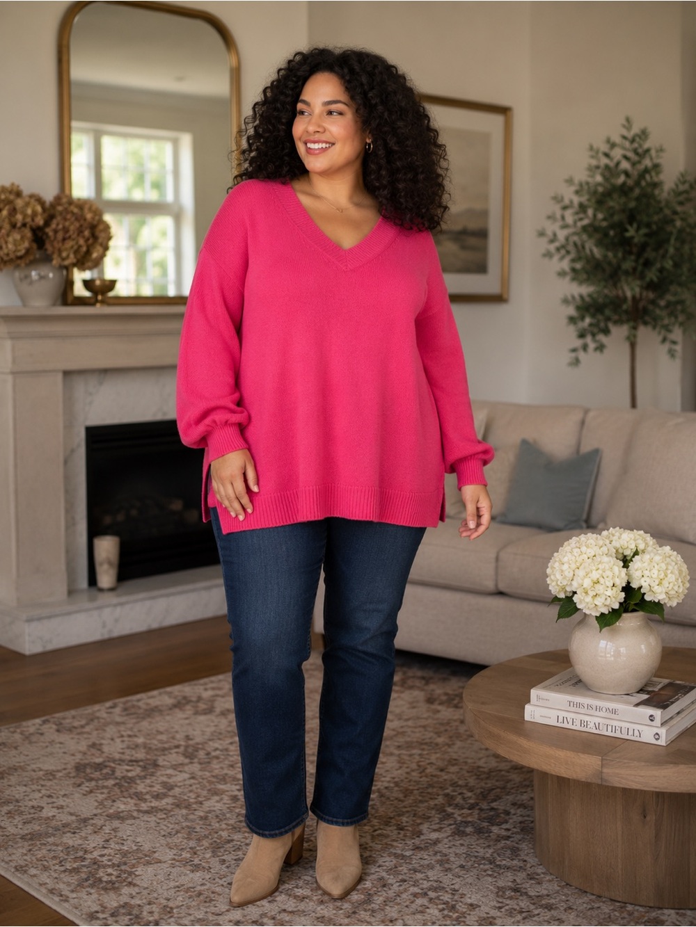 Lane Bryant Sweater Pink VNeck Blouson Sleeve Tunic Pullover